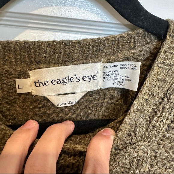 VINTAGE HAND KNIT EAGLES EYE 100% SHETLAND WOOL CABLEKNIT OLIVE GREEN SWEATER L - Picture 4 of 5